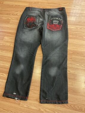 MENS’Y2K COMPETITION’ BLACK BAGGY STREETWEAR JEANS RED STITCH 42x32